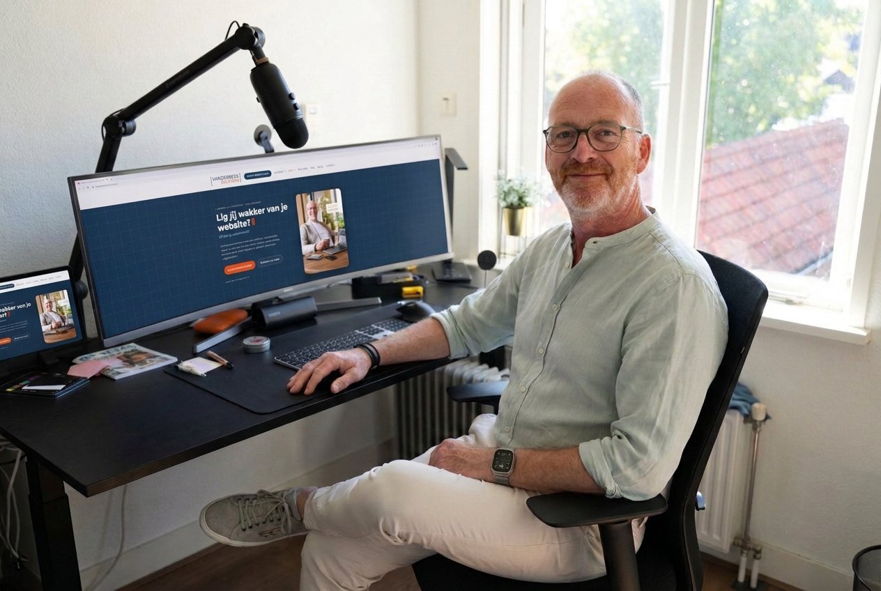 Chris van der Beek werkt aan een website op zijn breedbeeldscherm, met zijn eigen homepage in beeld