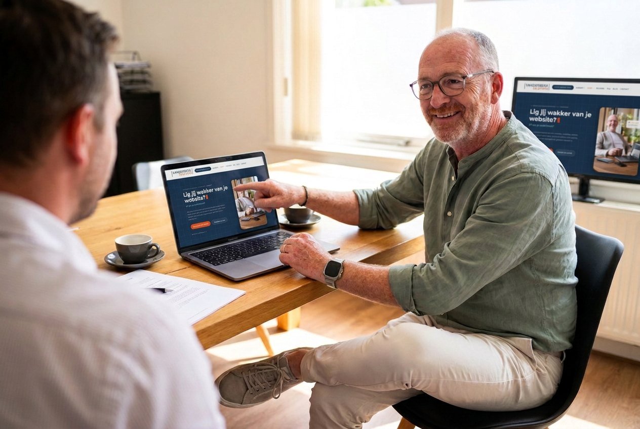 Chris van der Beek bespreekt een website aan tafel met een ondernemer