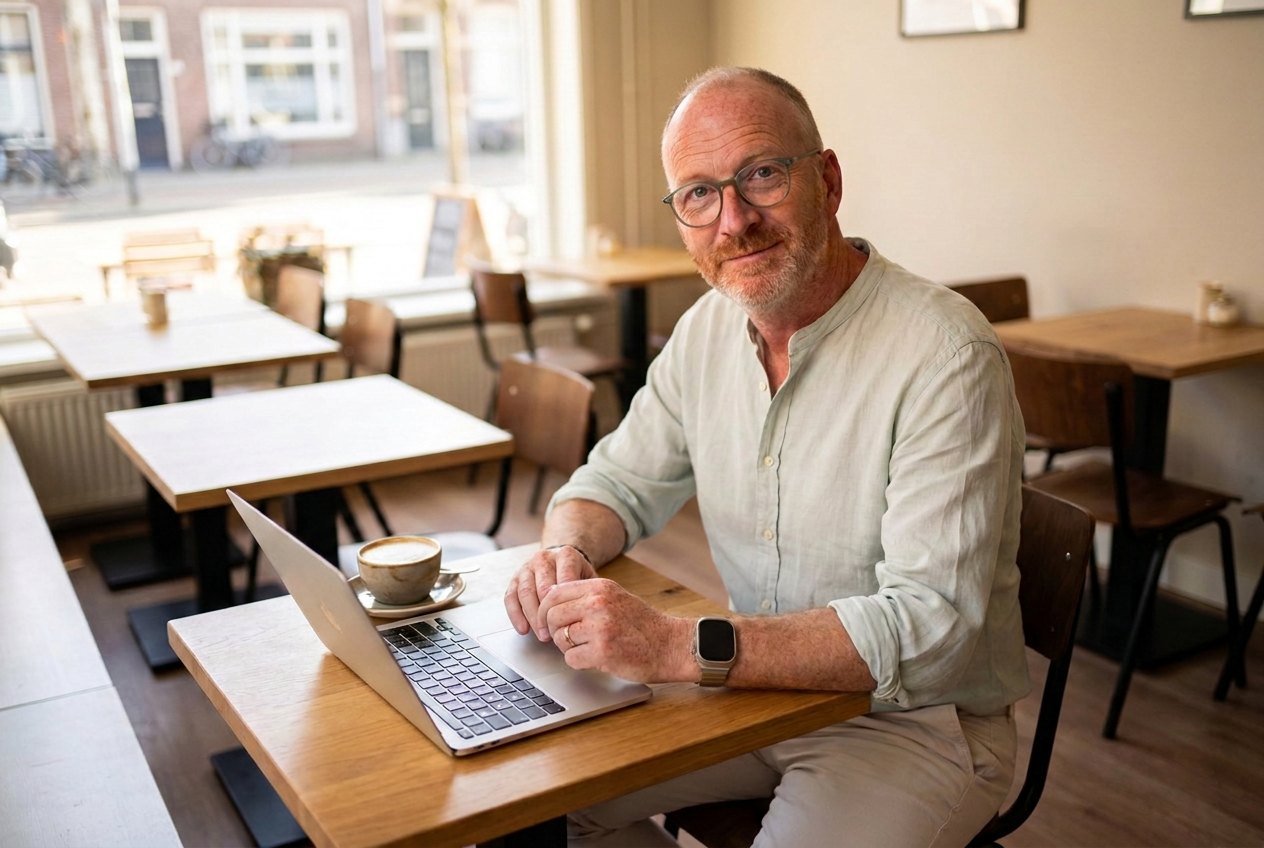 Chris van der Beek beantwoordt veelgestelde vragen over websites, met zijn laptop in een koffiezaak