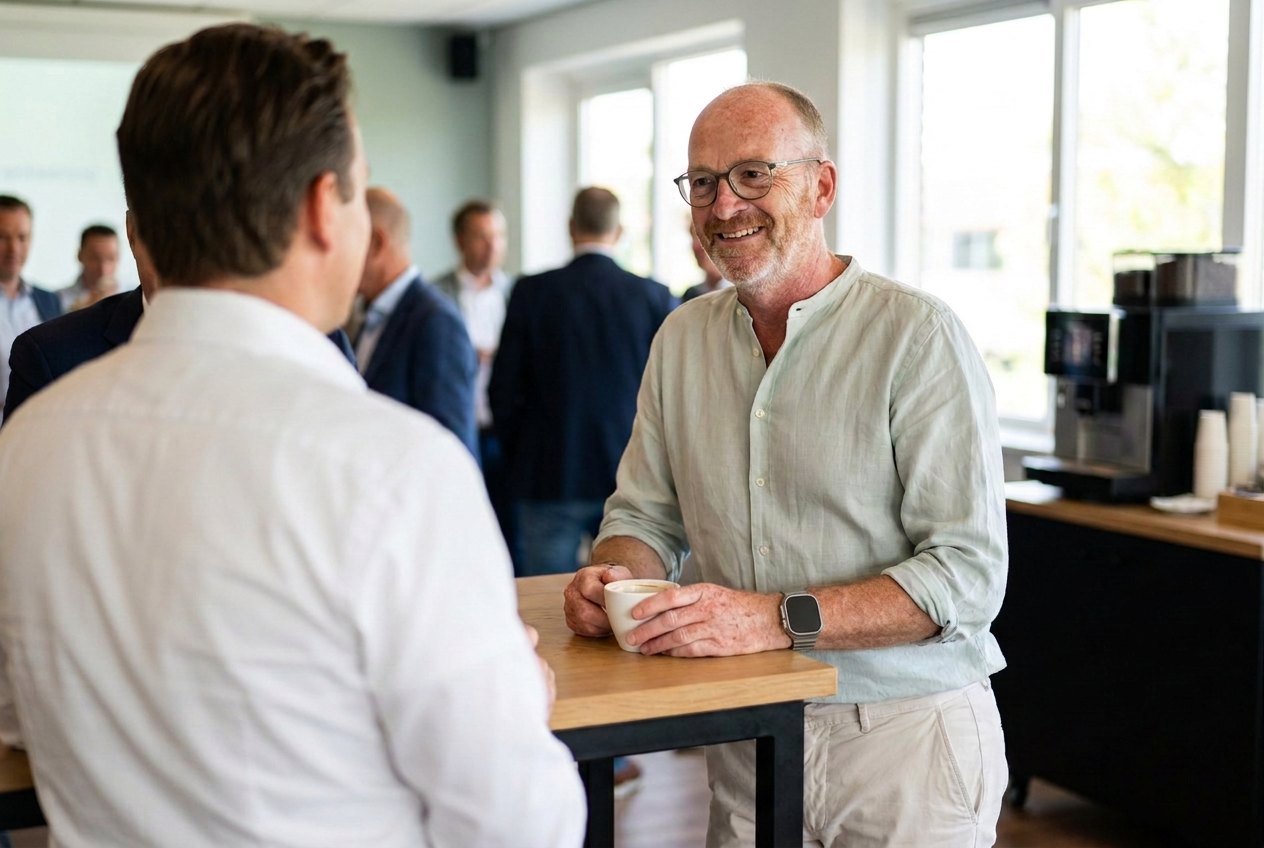 Chris van der Beek in gesprek met een ondernemer op een netwerkbijeenkomst, over wie de VANDERBEEK Solutions reviews gaan
