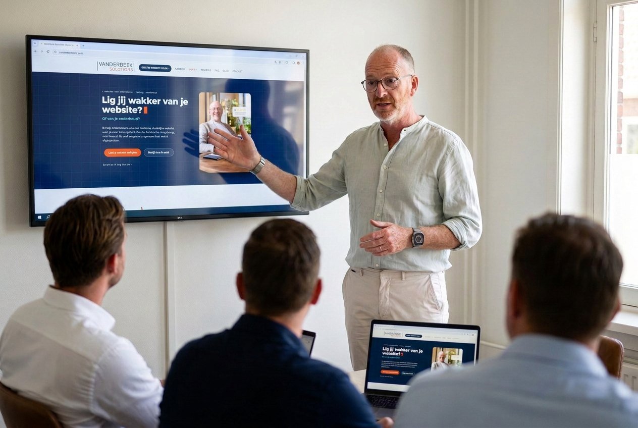 Chris van der Beek legt een ondernemer iets uit aan tafel, zijn laptop met website ernaast