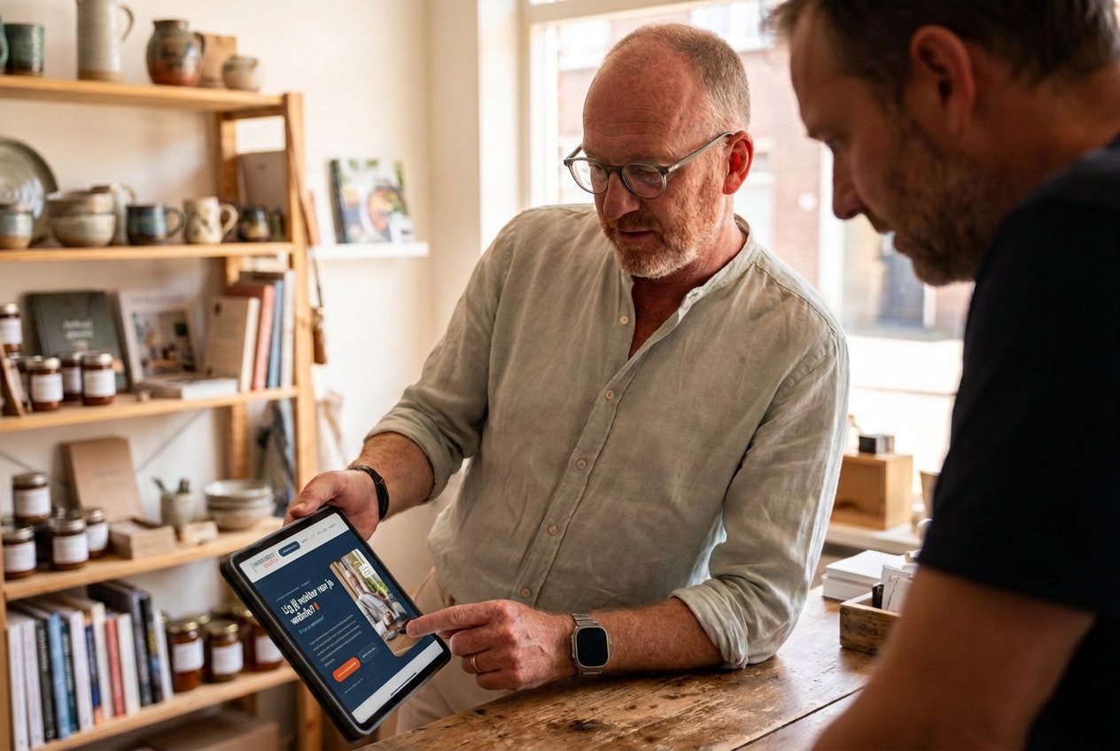 Website laten maken Werkendam: Chris van der Beek laat een winkelier zijn nieuwe website zien op een tablet