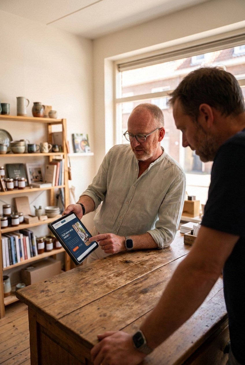 Chris van der Beek laat een vernieuwde website zien op een tablet