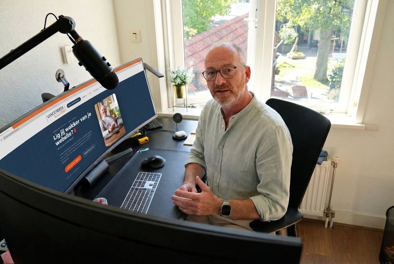 Chris van der Beek regelt website, hosting en onderhoud vanaf zijn werkplek, hier in een videocall met een klant