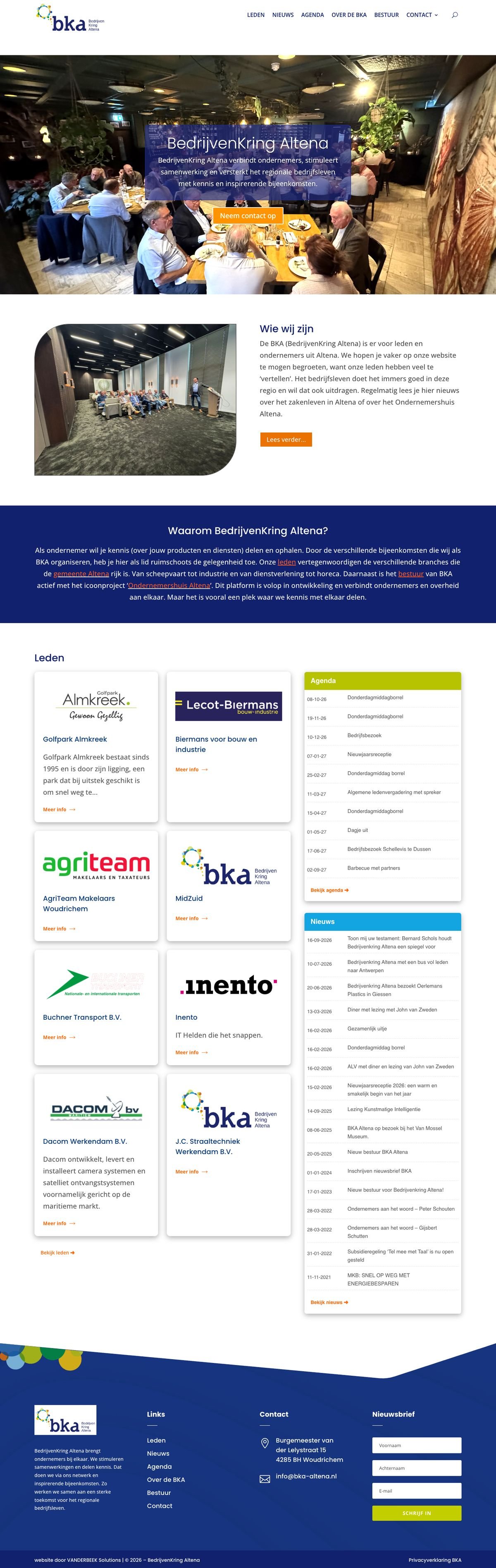 De hele homepage van BedrijvenKring Altena, beweeg erover om te scrollen