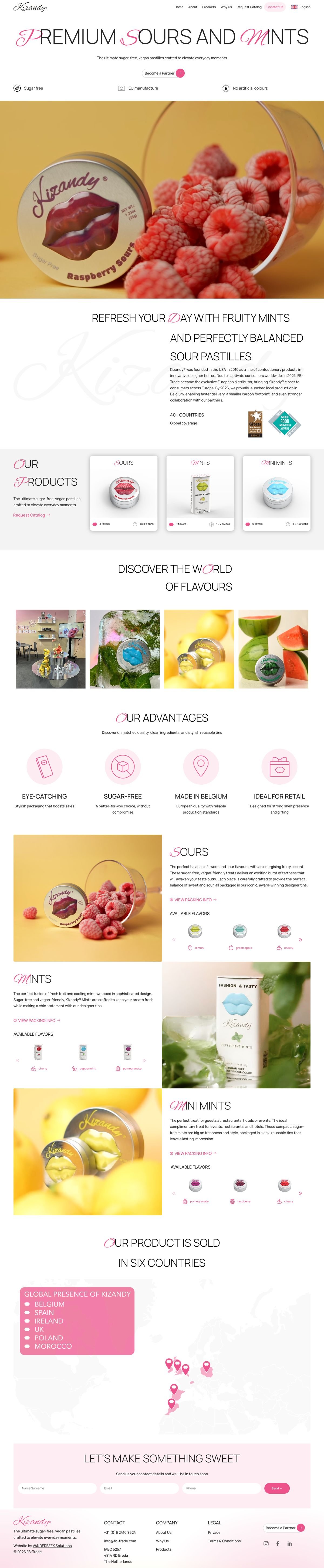 De hele homepage van Kizandy Europe, beweeg erover om te scrollen