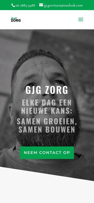 Homepage van GjG Zorg op een telefoon