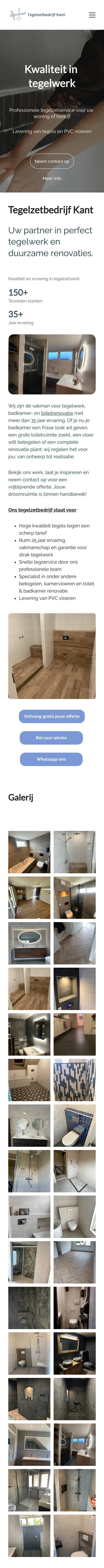 De hele homepage van Tegelzetbedrijf Kant op een telefoon, beweeg erover om te scrollen