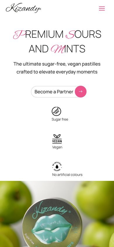 Homepage van Kizandy op een telefoon