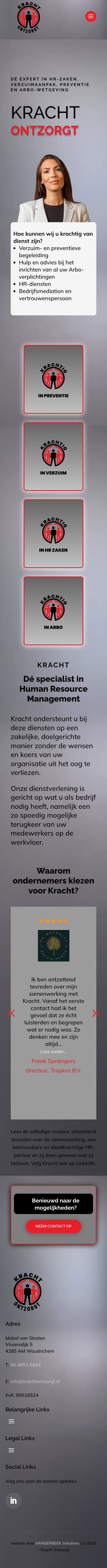 De hele homepage van KRACHT Ontzorgt op een telefoon, beweeg erover om te scrollen