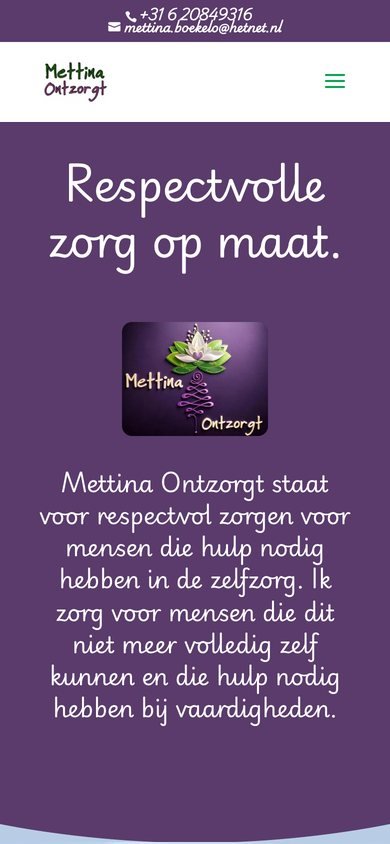 Homepage van Mettina Ontzorgt op een telefoon
