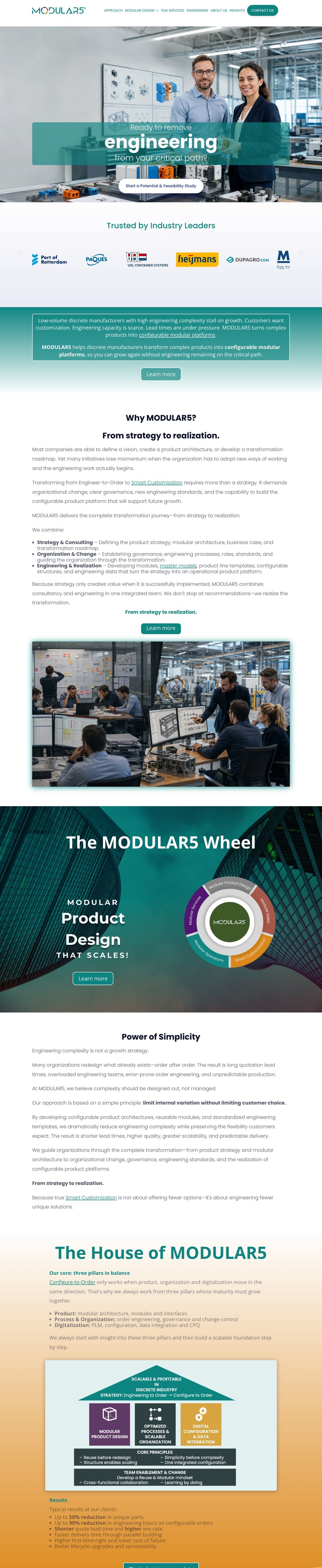 De hele homepage van MODULAR5, beweeg erover om te scrollen